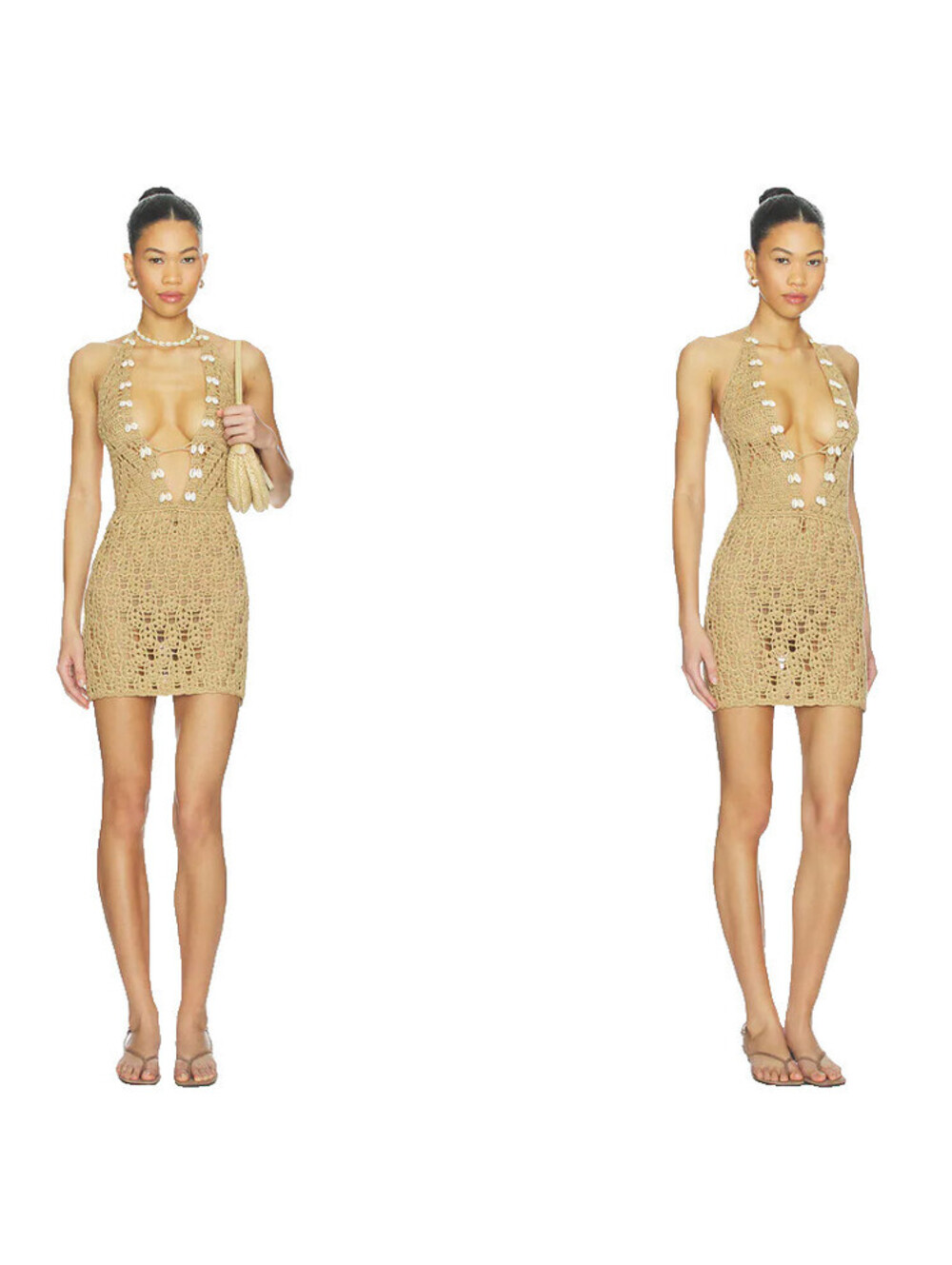 More To Come Tamia Crochet Mini Dress Pukka shell detail plunging neckline L NWT